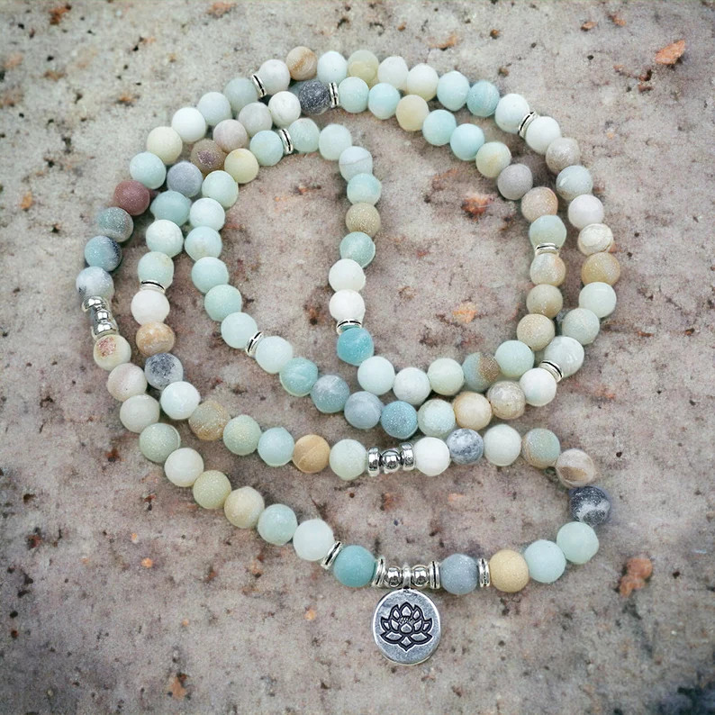 Natural Amazonite 108 Mala Beads Necklace Lotus Healing Wrap Bracelet Gift