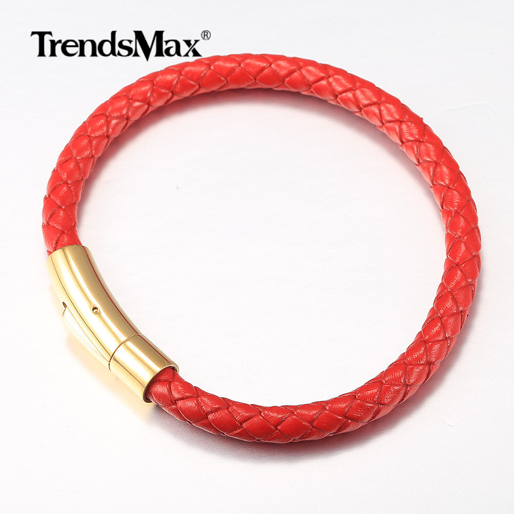 4/6mm Red/Brown/Black Braided Leather Rope Bracelet Stainless Steel Gold Clasp