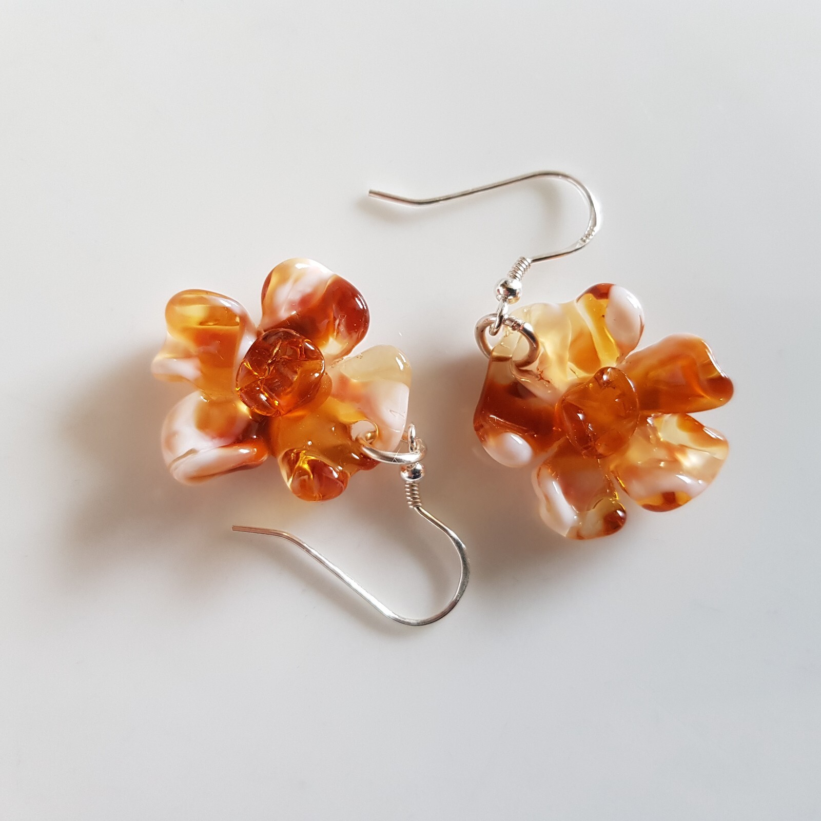 Dangle Drops Earrings Flowers Tea Brown Colors Murano Glass 925 Silver Hooks