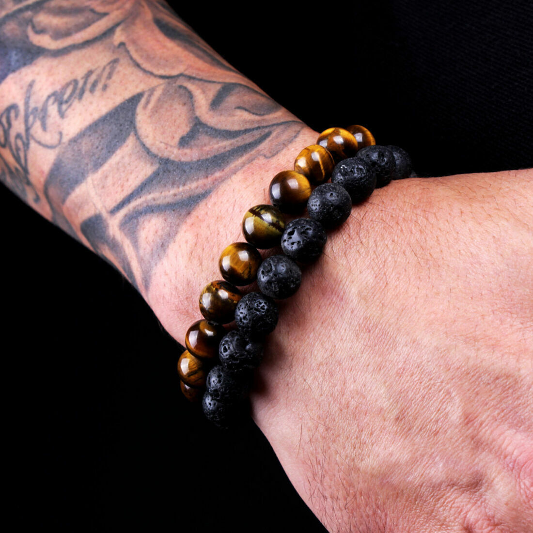 Men Bracelet Classic Lava Rock Tiger Eye Gem Stone Beaded Healing Boyfriend-2PCS
