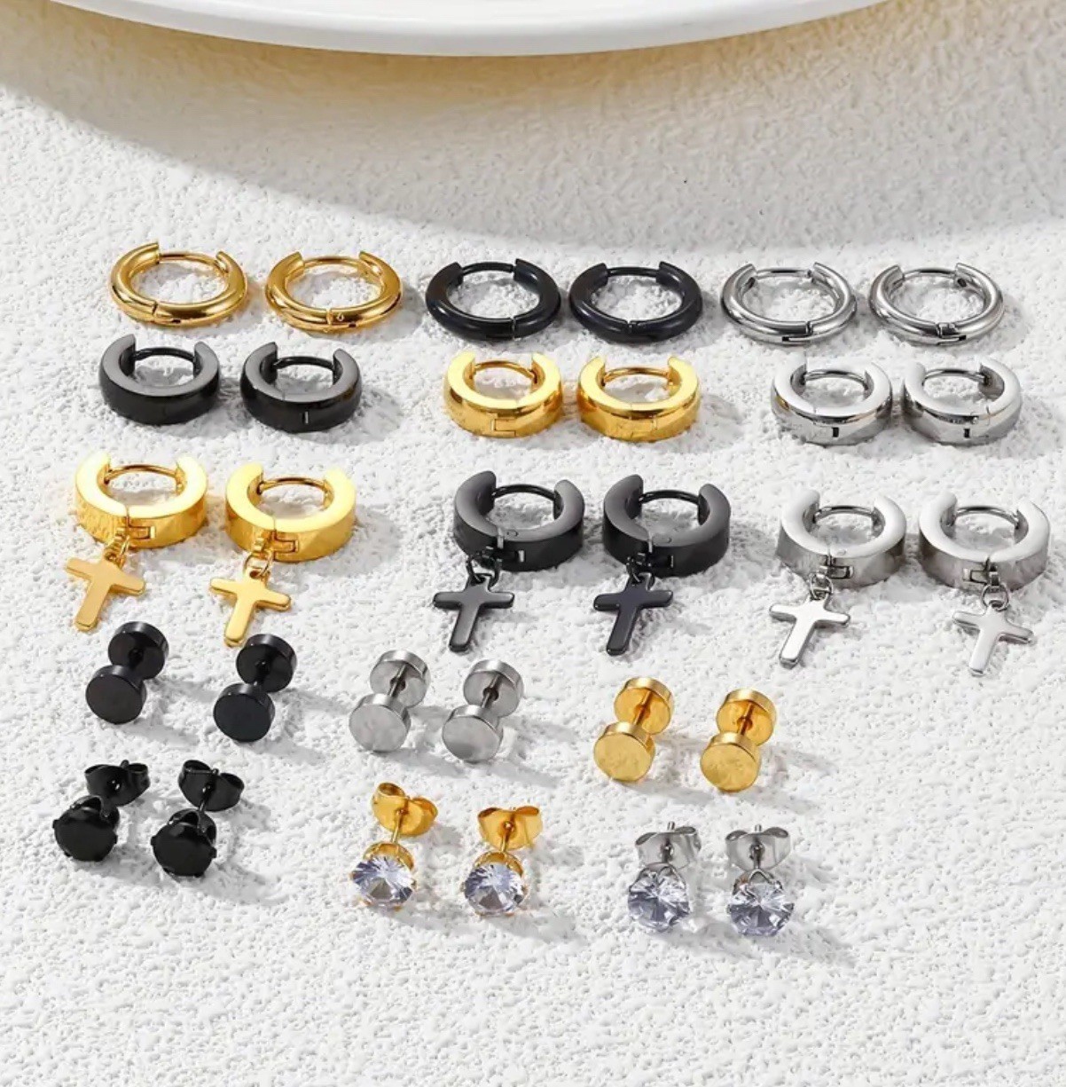 30pcs Men’s Casual Earrings Set – Stainless Steel Studs & CZ Hoops