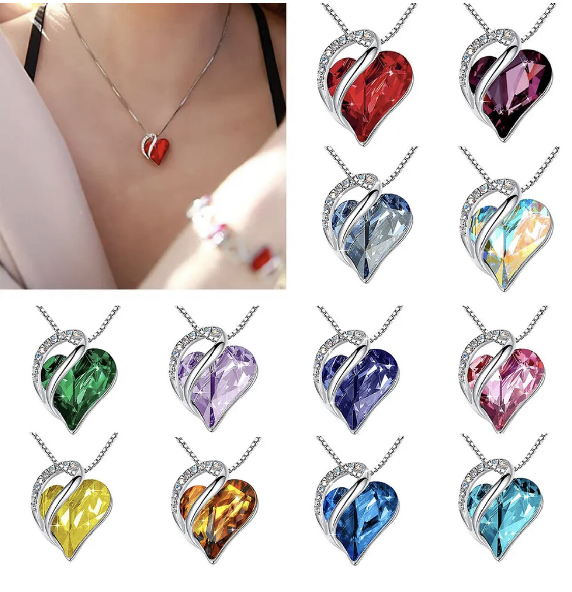 Women Birthstone Heart Silver Necklace Love Crystal Pendant Lady Fashion Gift