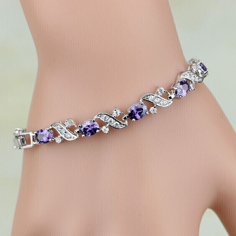 12Ct Oval Cut Simulated Amethyst Womens Fancy Bracelet 14K White Gold Finish
