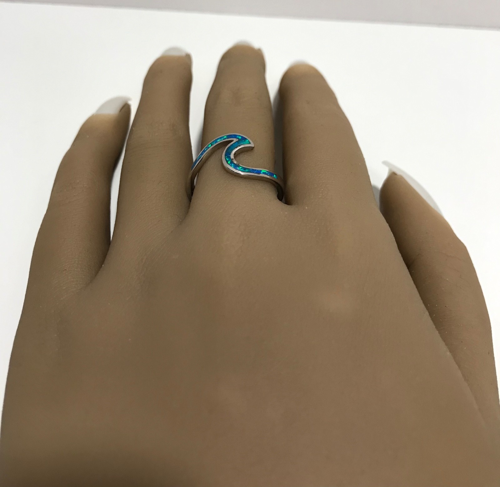 925 Sterling Silver Synthetic Opal Ring – Hawaiian Inlay Ocean Wave