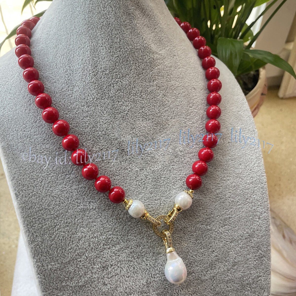 Red Coral Round Gems Beads Natural White Keshi Baroque Pearl Pendant Necklace