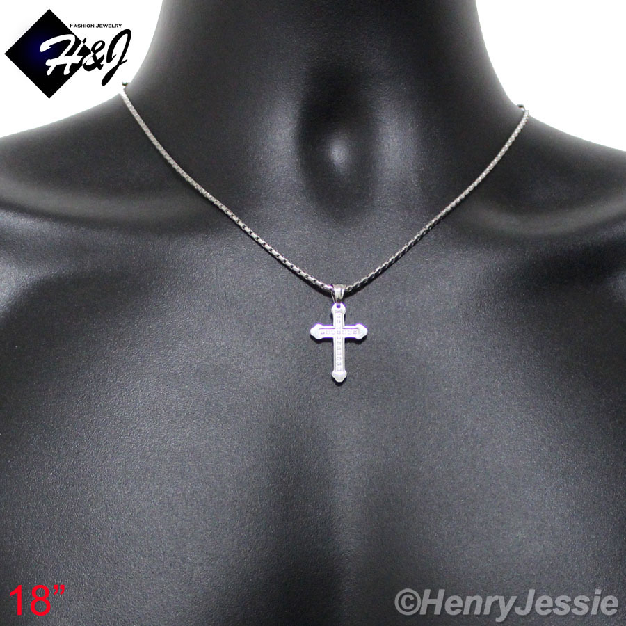18″Stainless Steel 2mm Silver Box Chain Bling Cubic Zirconia Cross Pendant*P53