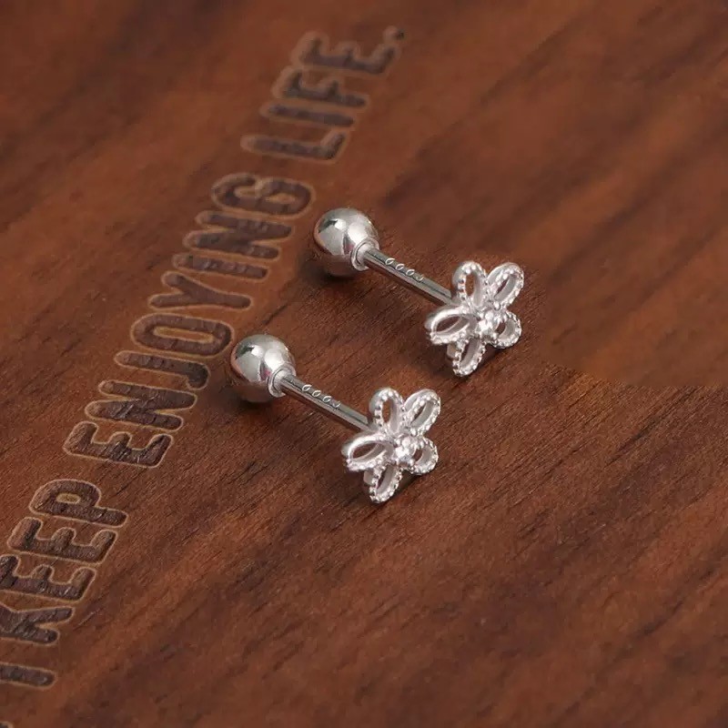 Women Small Silver Flower Screw Back Stud Earrings Girls Jewelry Gift For Her