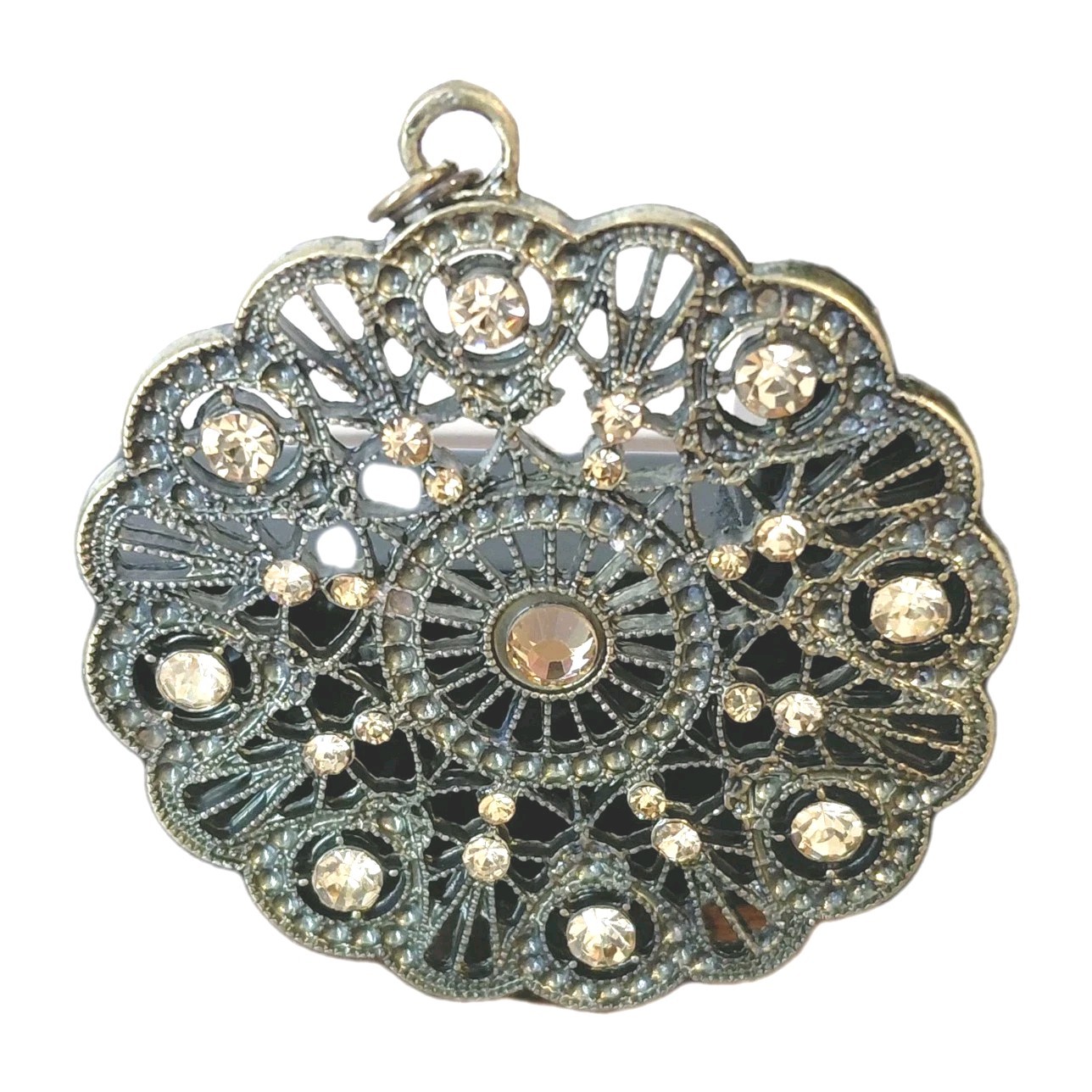 Scalloped Large Medallion Pendant / Copper Color Rhinestones / 2.25 In Round