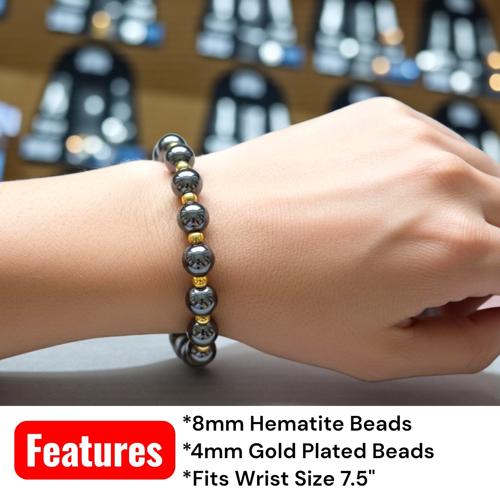 Hematite / Gold Plated Beads Design 8mm Beaded Bracelet Wrist Sz 7.5
