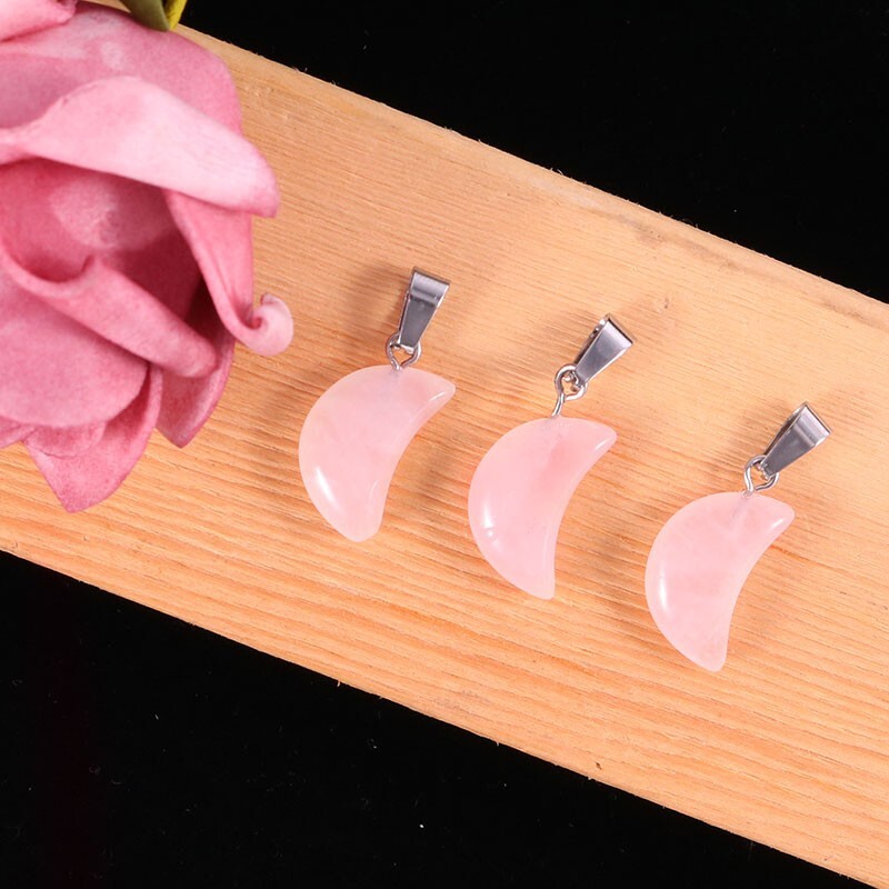Natural Rose Quartz Moon Charm Healing Crystal Gemstone Pendant Beads 100Pcs