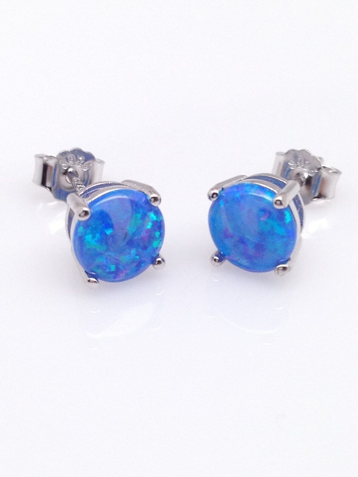 925 Sterling Silver Round Blue Opal Stud Earrings Dainty Studs 5.8mm