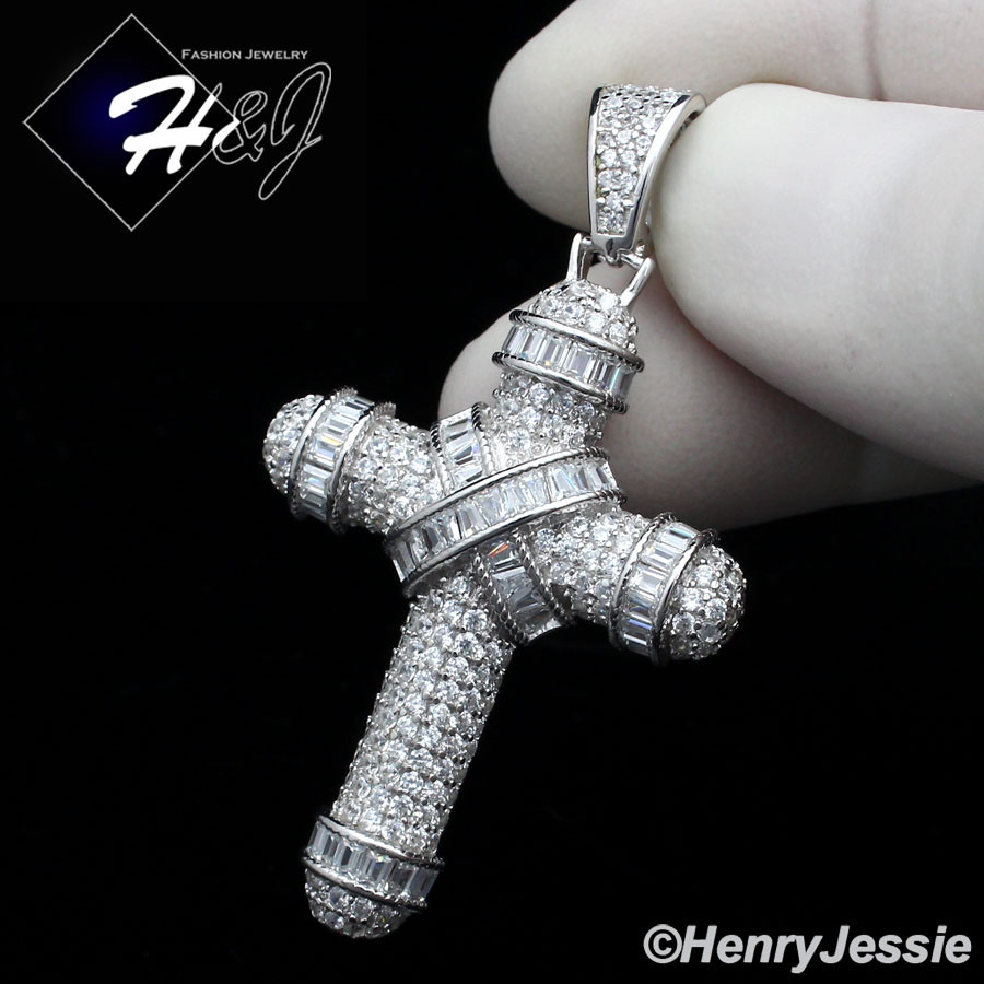 24″MEN 925 STERLING SILVER 2MM MOON CUT BEADED CHAIN ICY CZ CROSS PENDANT*SP232