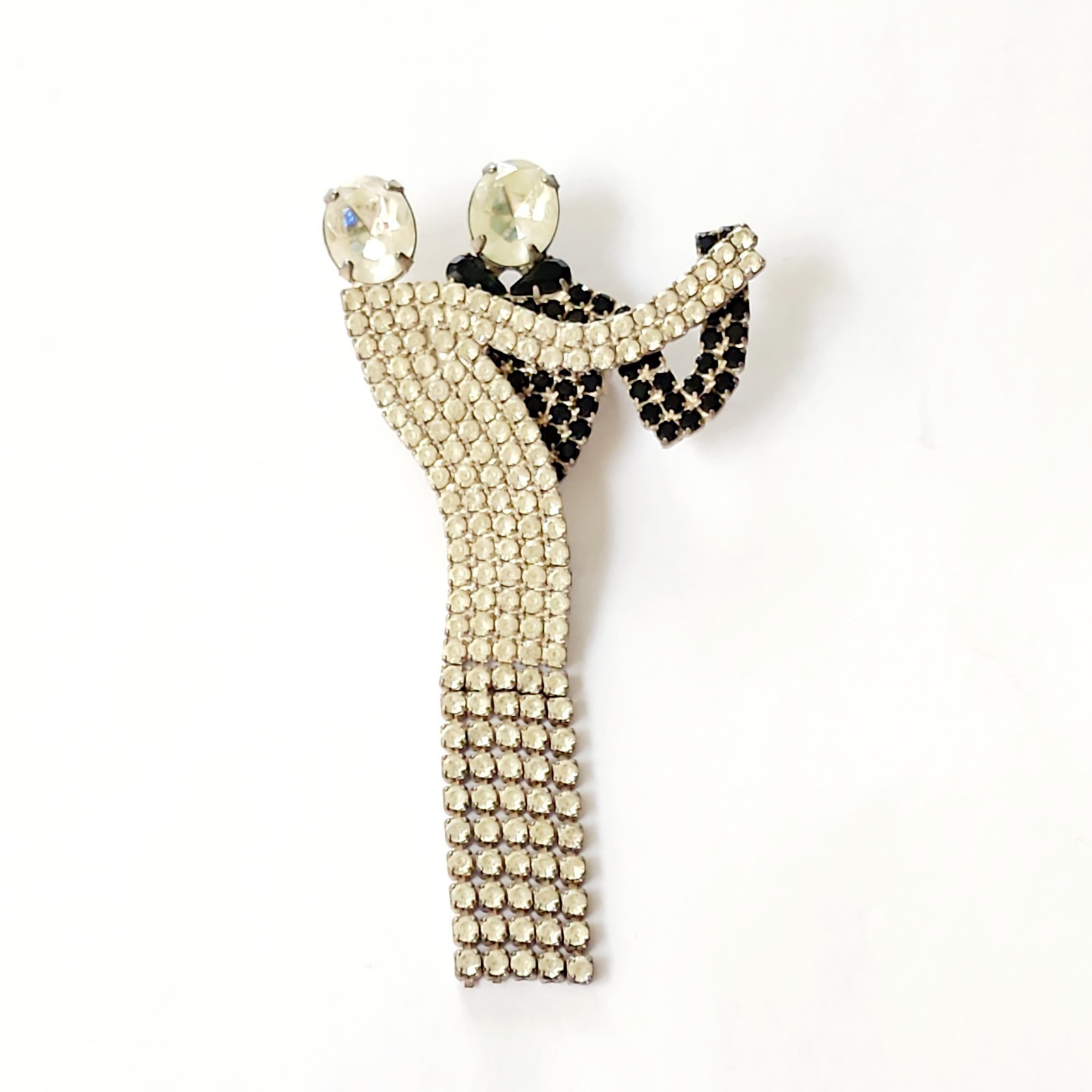 Art Deco Brooch Dancing Black And White Rhinestone Encrusted Moving Couple Pin