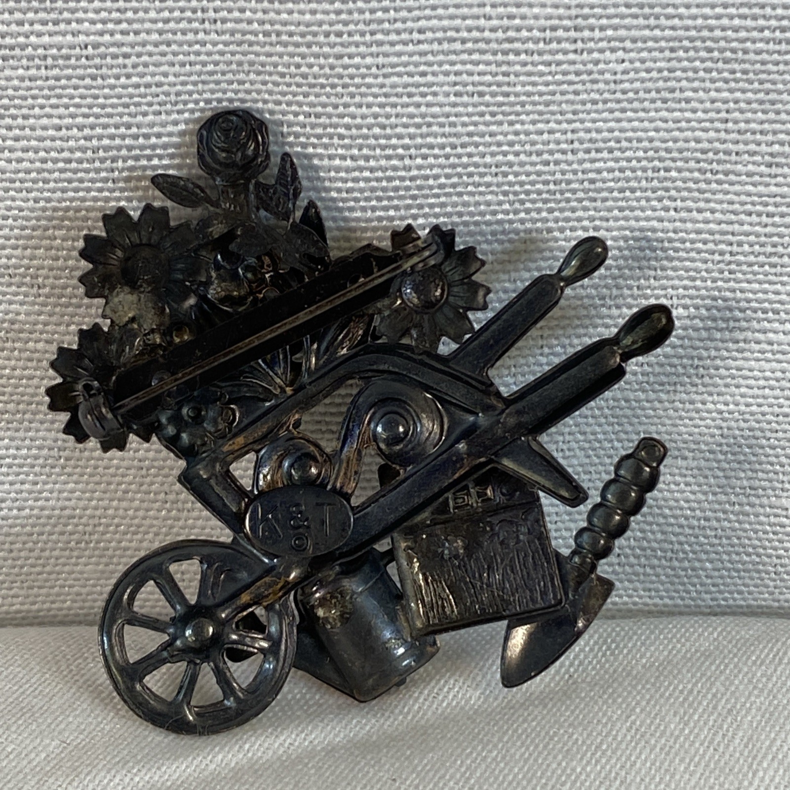 Brooch Pin K&T Flower Gardening Wheel Barrel Watering Can Spade Seeds Flowers