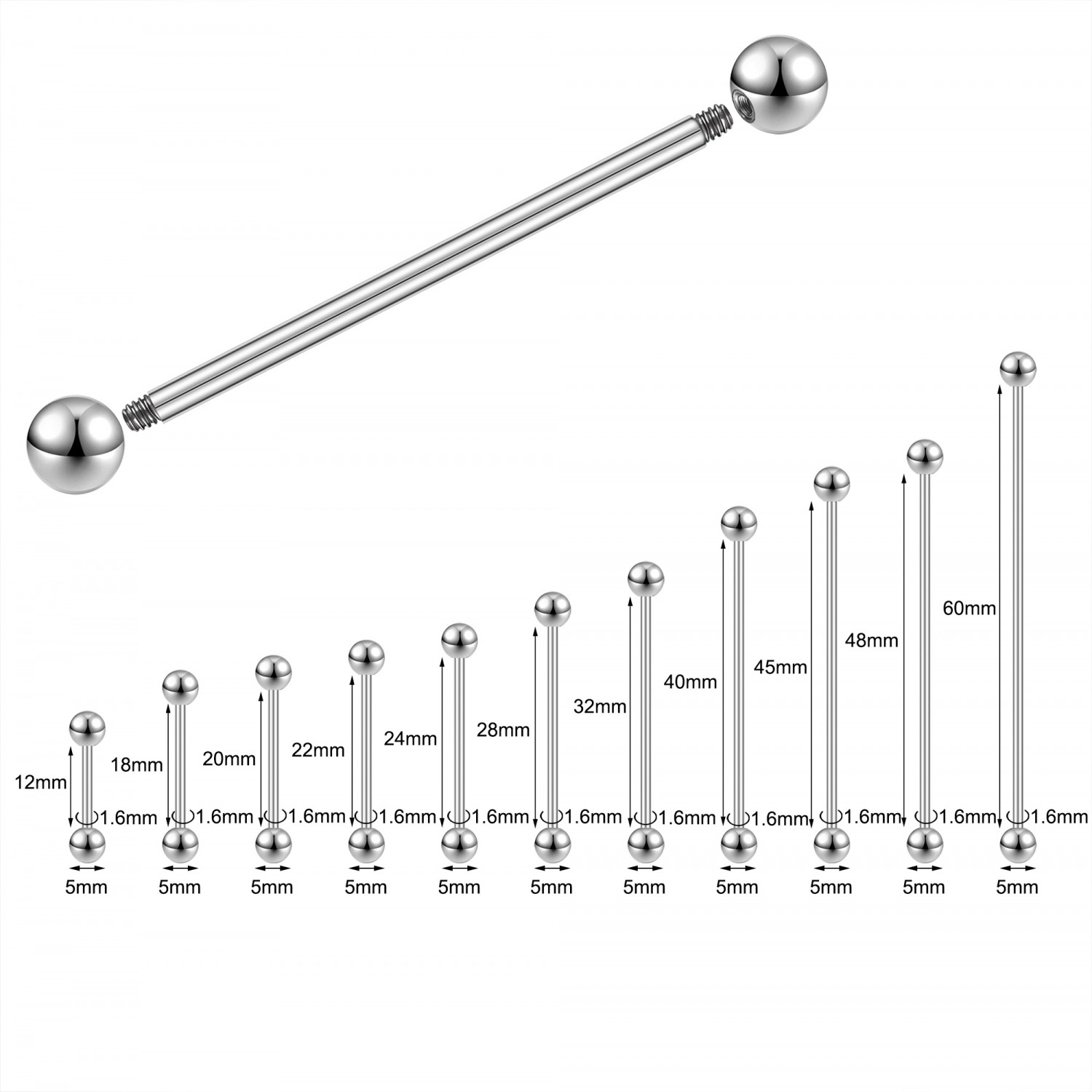 1 Pc Stainless Steel Long Industrial Barbell Piercing Cartilage Earring Jewelry