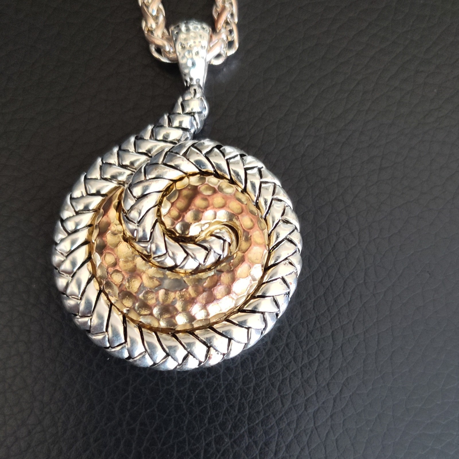 two-tone silver & gold tone round coin pendant spiga/wheat chain toggle
