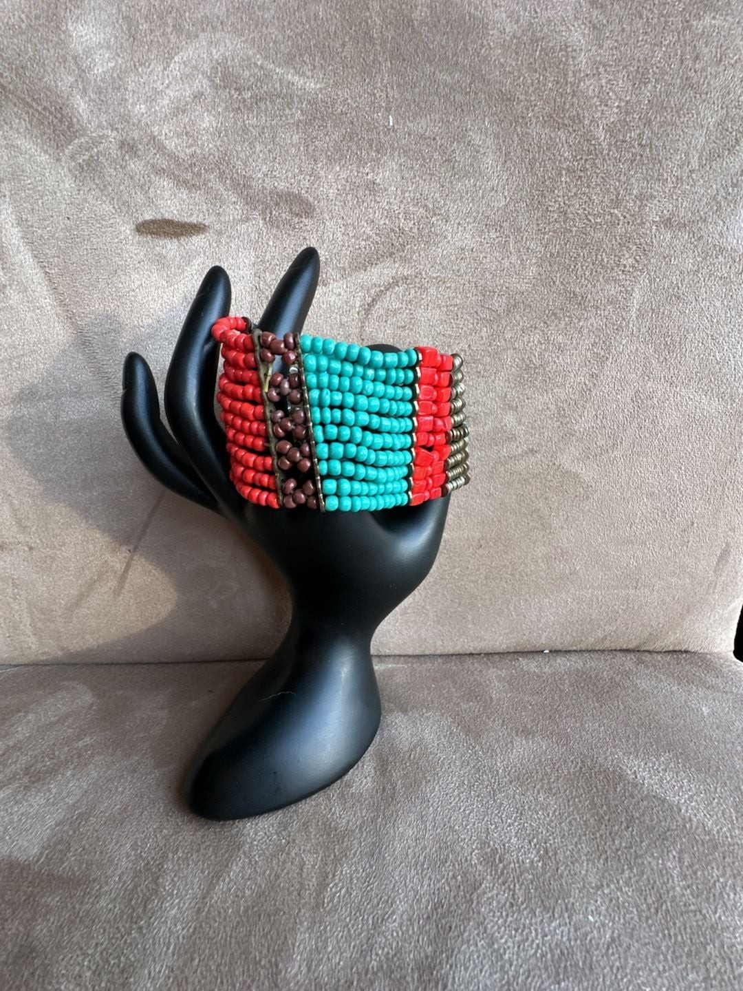 AeraVida Multi-Strand Beaded Cuff Bracelet w/ Simulated Turquoise and Coral