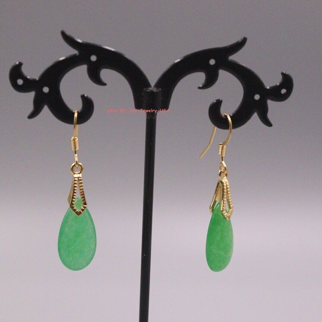 New 18K Yellow GP with Dark-Green Pear Jade Dangle Earrings 1.49inch L