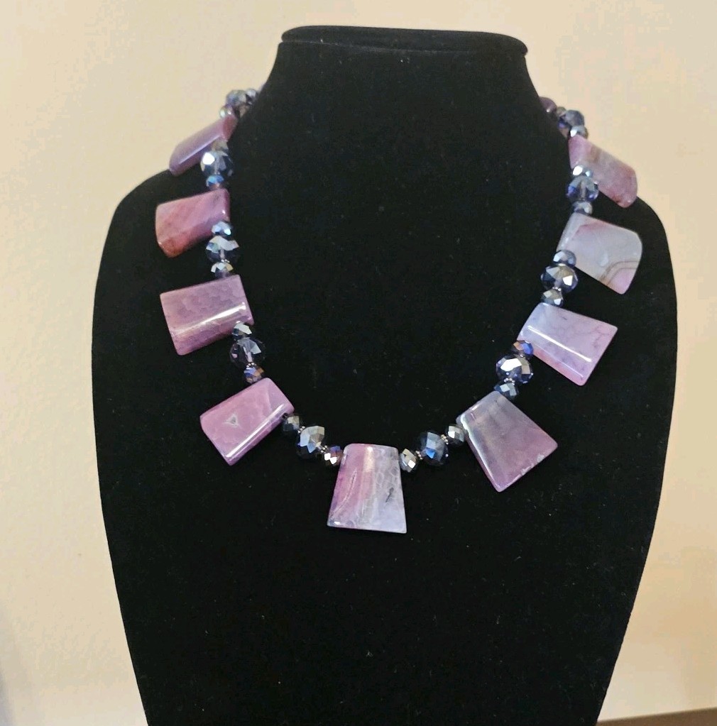 Donna Dressler Statement Necklace Sterling Silver 925 Pink Agate Stone Heavy 21″