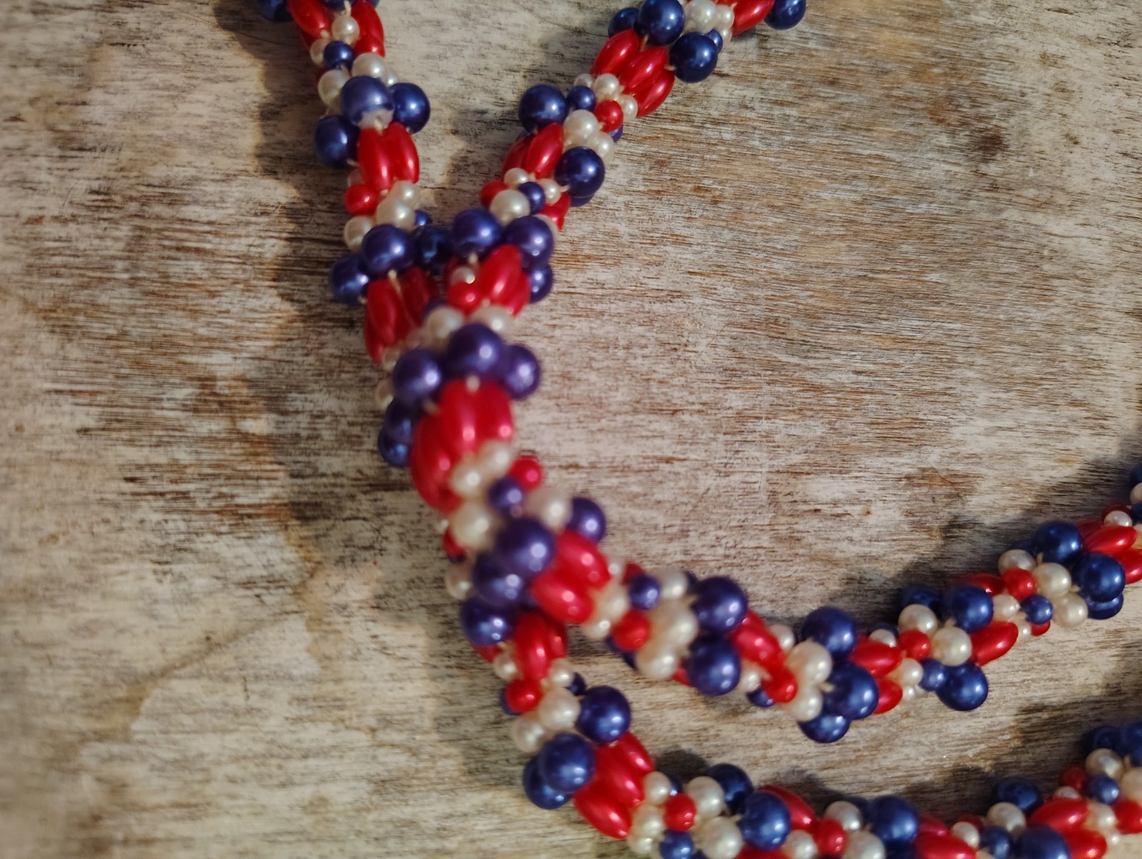 Red Blue White Beads Round Beaded Necklace Strand, Ball/Bead Chain