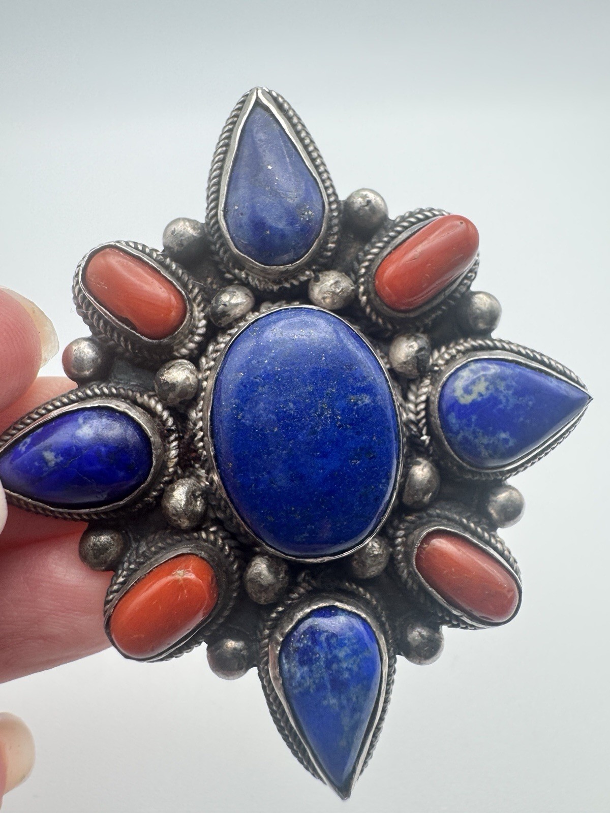 Tibetan Nepal 925 Sterling Silver Lapis & Coral Pendant 49g