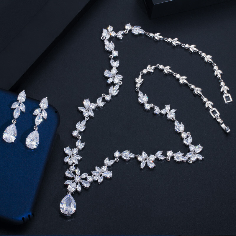 Silver Plated White CZ Necklace Earrings Sets Bridal Costume Jewelry Accessories