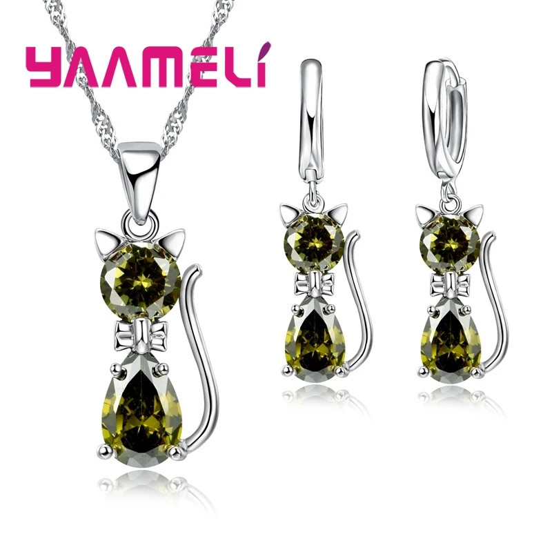Silver Color Cat Pendant Necklace and Huggie Earrings Jewelry Set for Women Girl