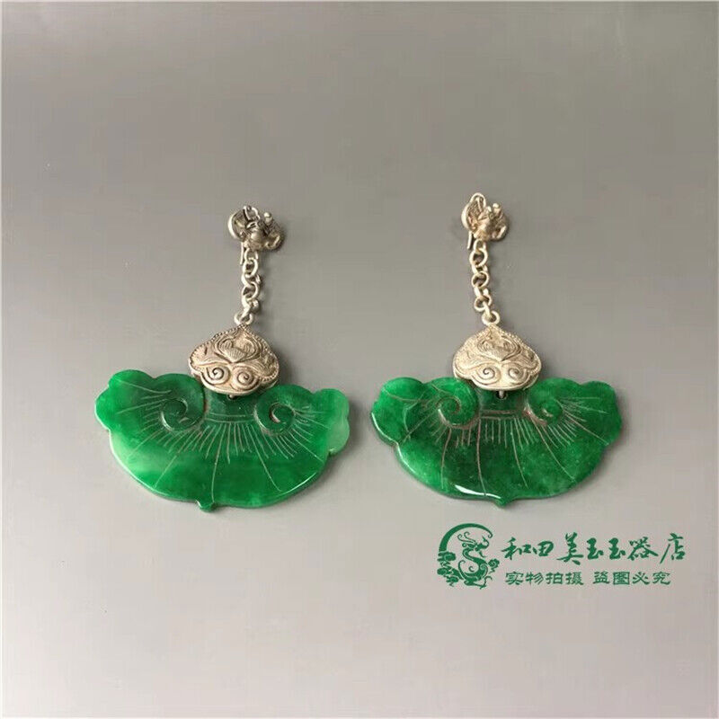 Chinese Antique Tibetan Silver Inlaid Natural Jade Earrings Lucky Jewelry Gifts
