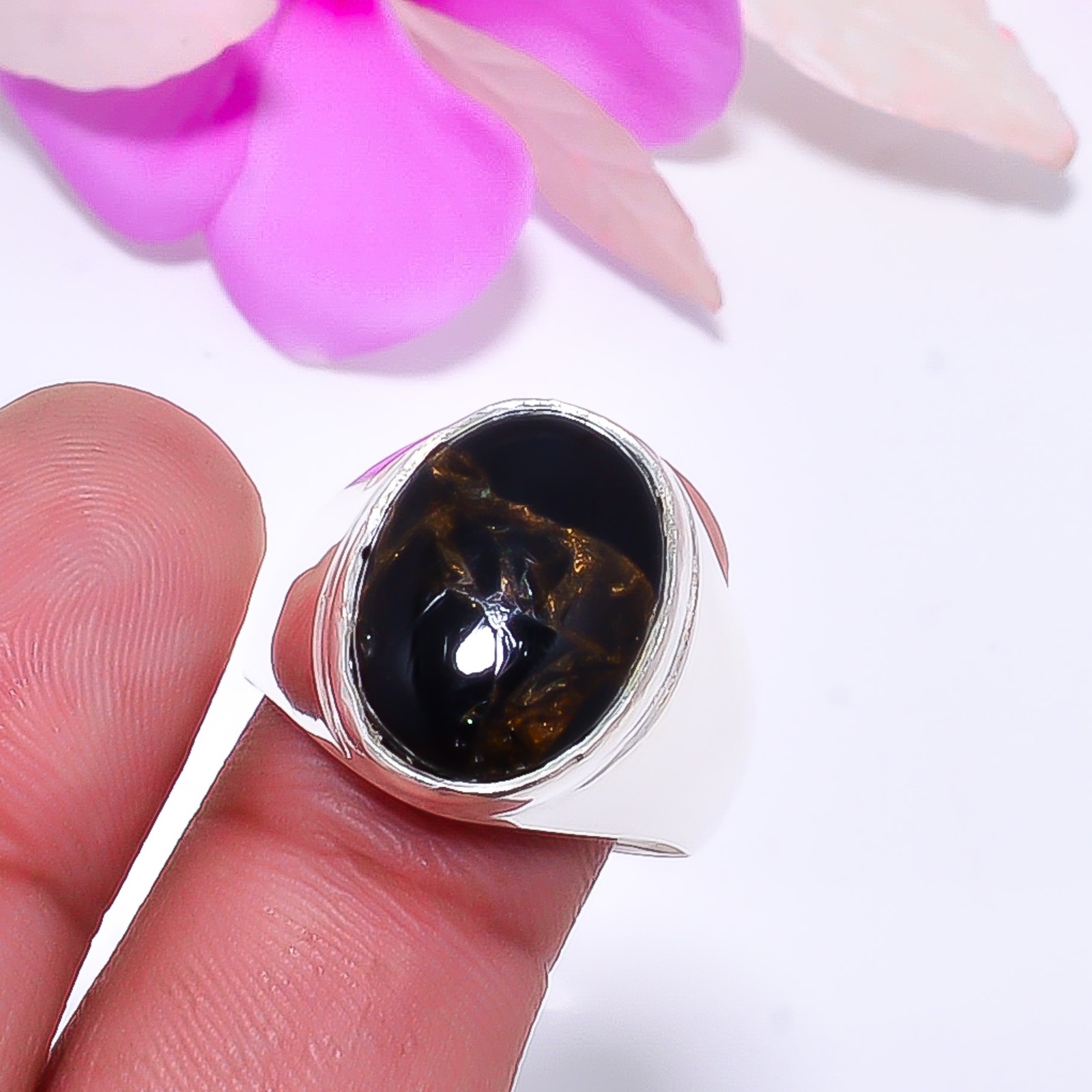 Copper Black Obsidian 925 Sterling Silver Ring S.10.5 R11523