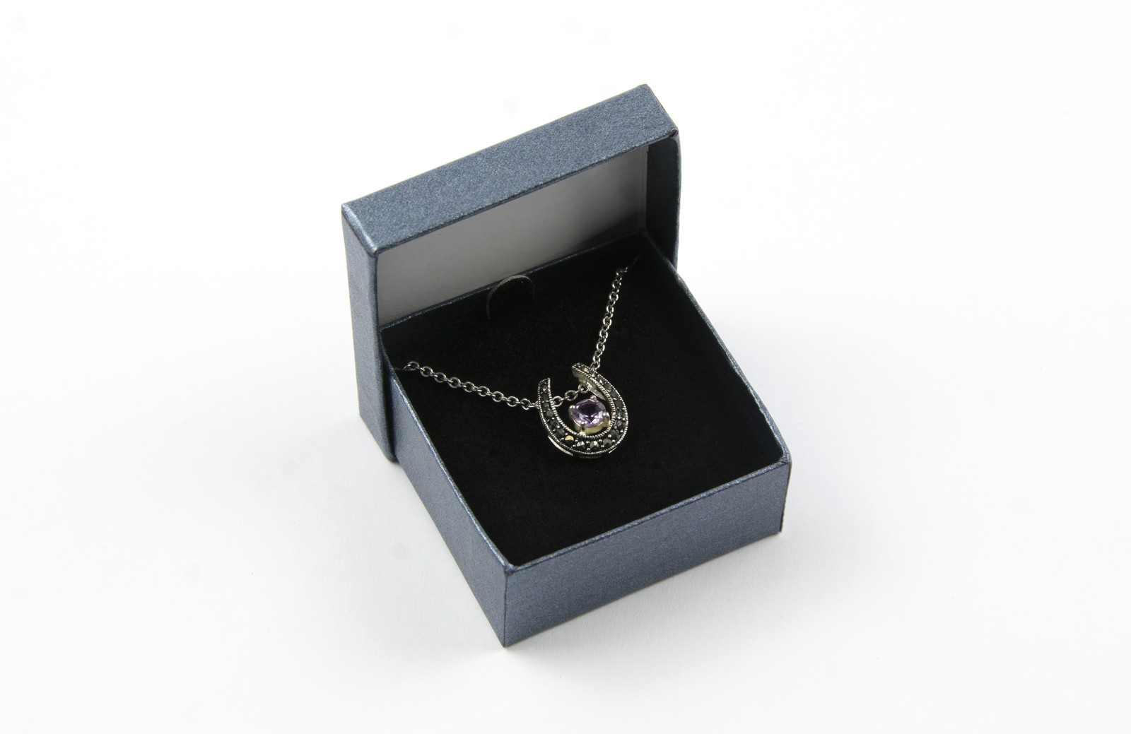 Women’s Genuine Amethyst and Marcasite Horseshoe Pendant and 21″ Necklace Set