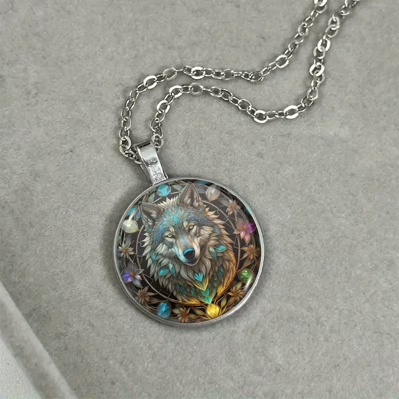 Wolf Round Necklace Jewelry Silvery Nature Animal Butterfly Pendant A