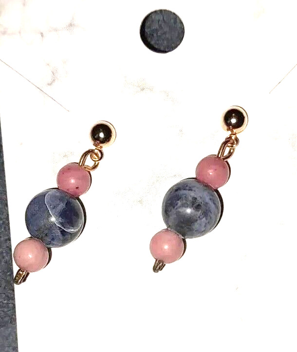 Pink Rhodonite blue sodalite new stone post earrings yelllow gold plated