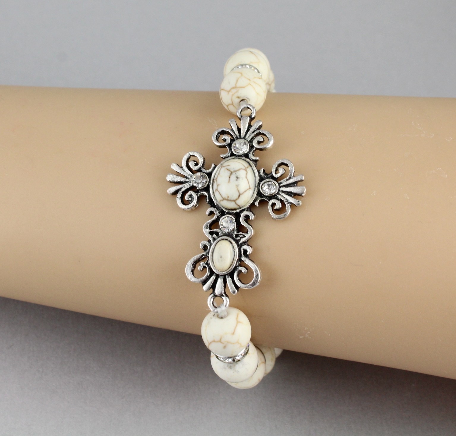 cross bracelet stretch Cream Silver stretchy beaded bracelet metal charm