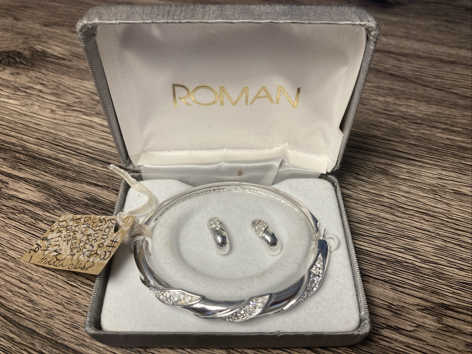 Roman Silver Tone with Pave Stones Bracelet and Post Earrings In Box Never Worn