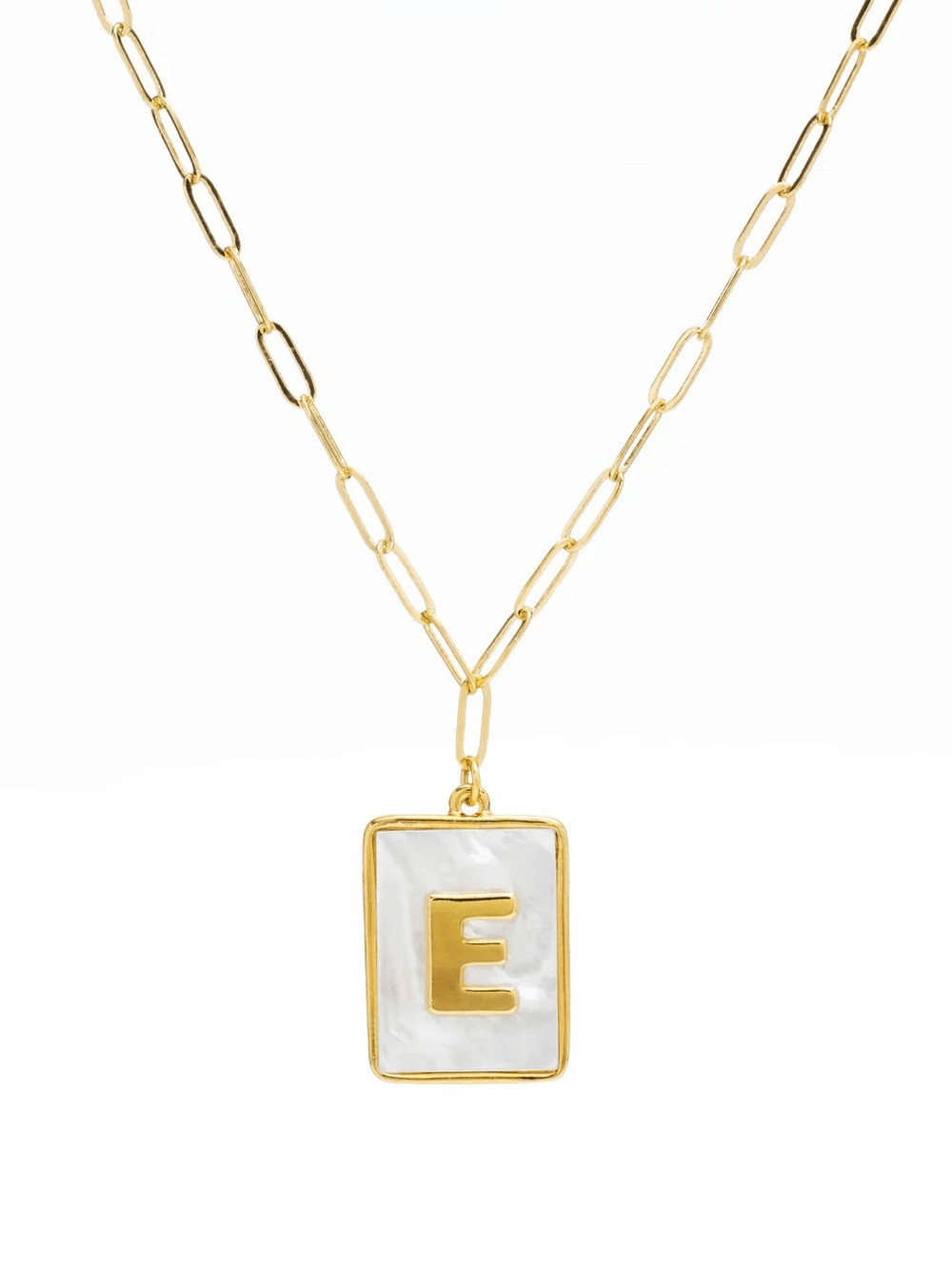 Gold E Rectangle Pendant Paperclip Necklace with Mother-of-Pearl by Mayamar