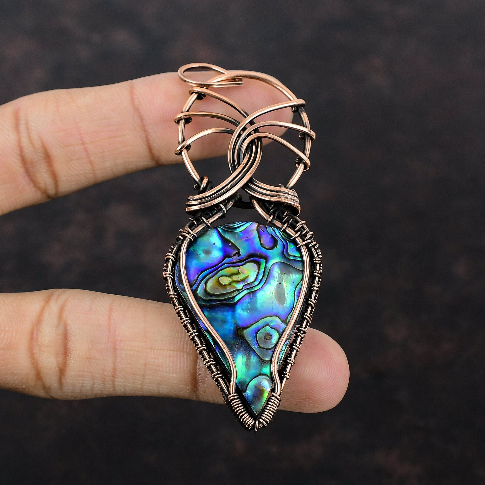 Abalone Shell Gemstone Wire Wrapped Pendant Copper Jewelry For Girls 3.35″