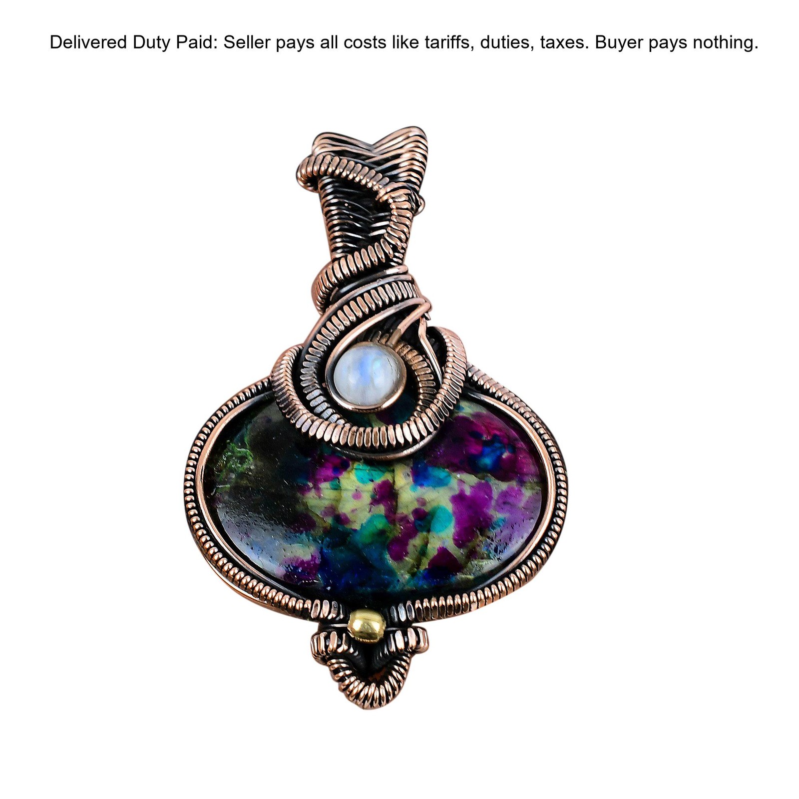 Copper Natural Multi Fire Labradorite Rainbow Moonstone New Wire Wrapped Pendant