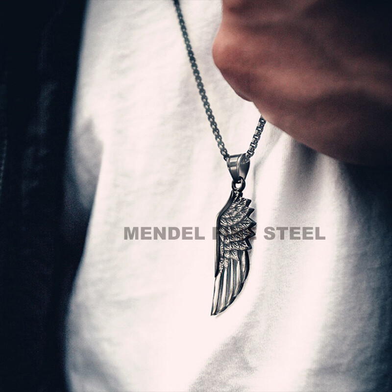 MENDEL Mens Stainless Steel Angel Wing Feather Pendant Necklace For Men Women