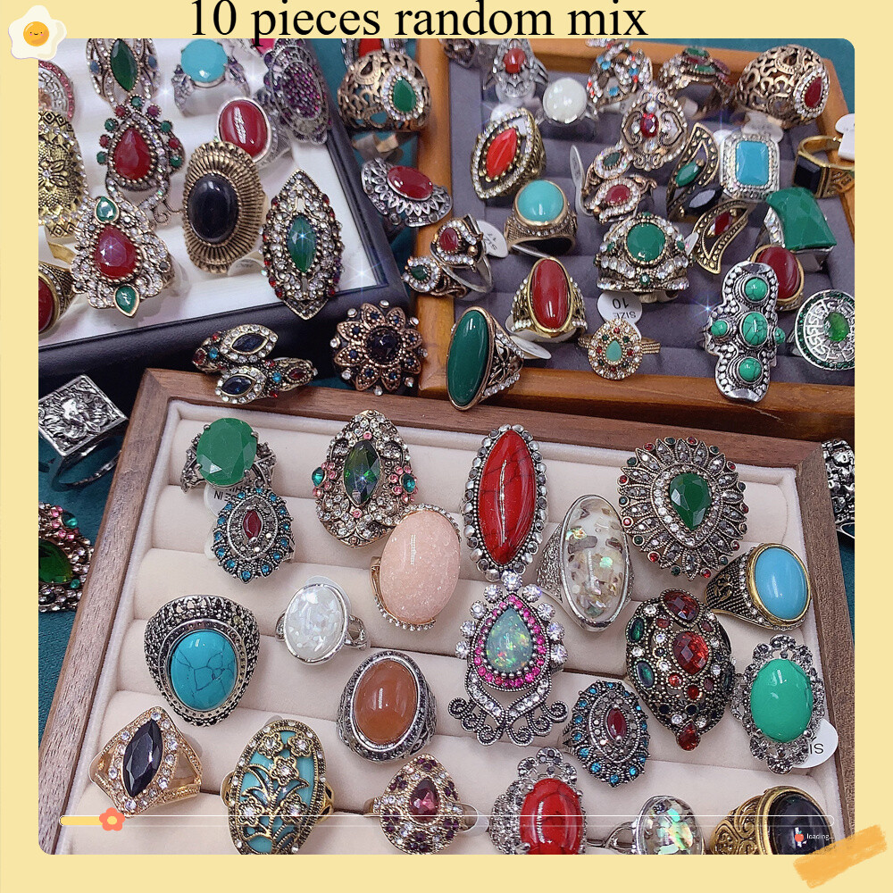 20pcs Mixed Vintage Colorful Gemstone Ring Retro Alloy Finger Deco Ring Bulk Art