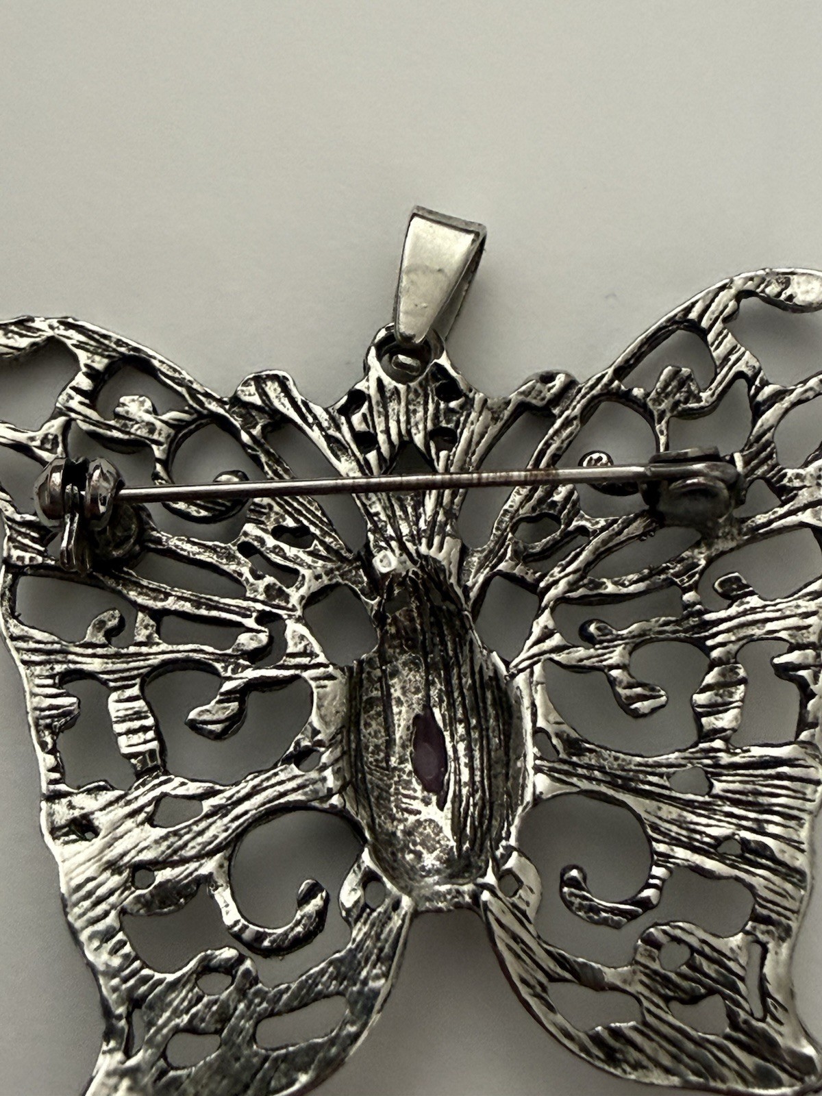 Vintage Silver Tone Filigree Butterfly Brooch Pin Pendant Combo Purple Stone