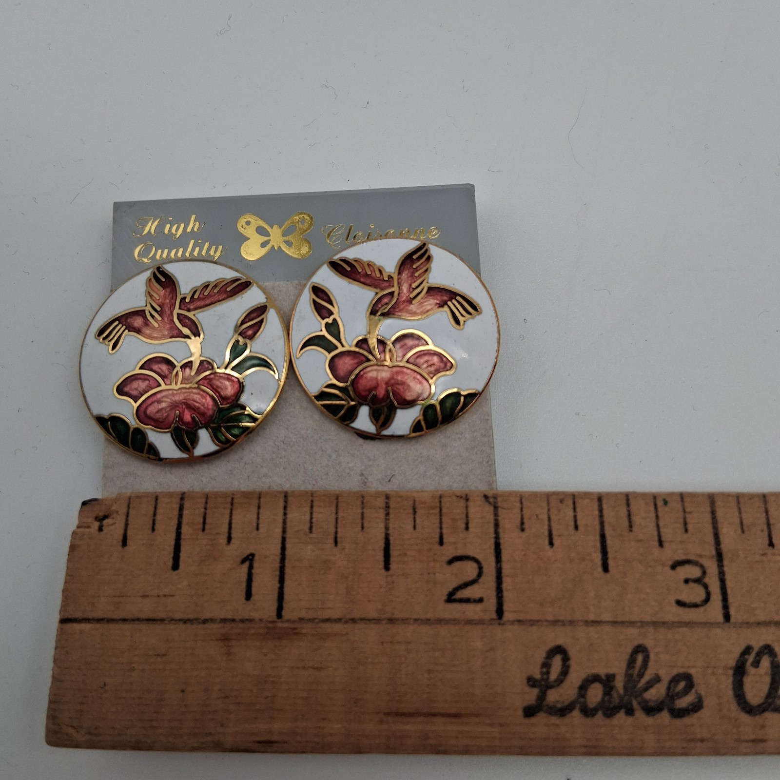 Vtg Cloisonne Enamel Hummingbird Bird Round Clip on Earrings 1″
