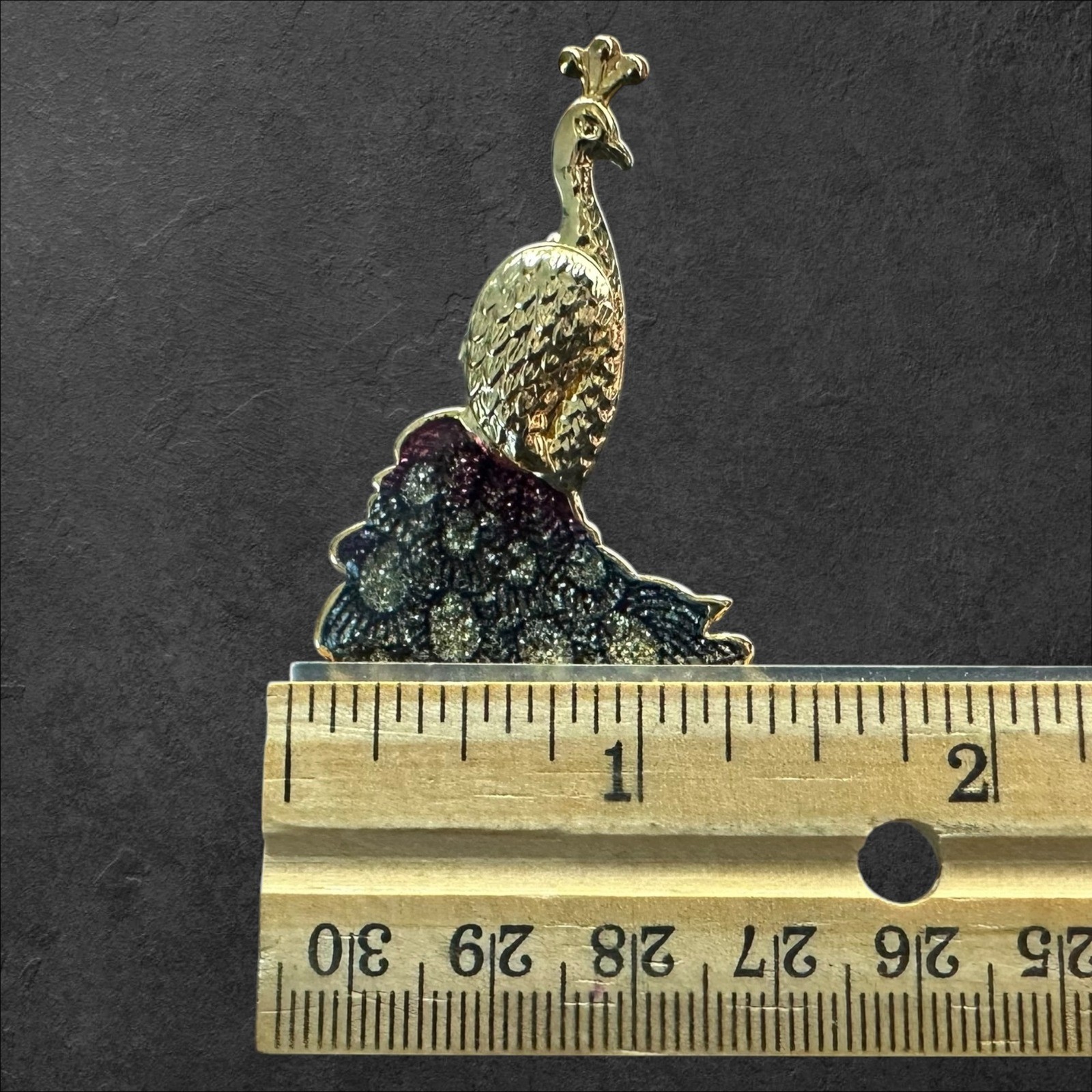 Unmarked Peacock Brooch Gold Tone Purple Blue Enamel Glitter Pin
