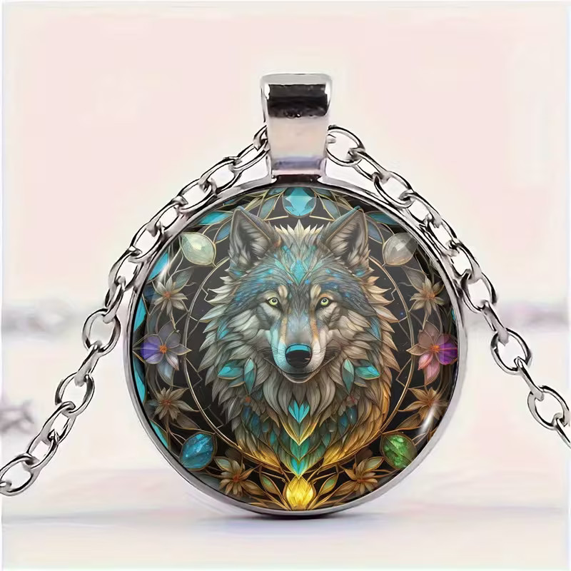 Wolf Round Necklace Jewelry Silvery Nature Animal Butterfly Pendant A