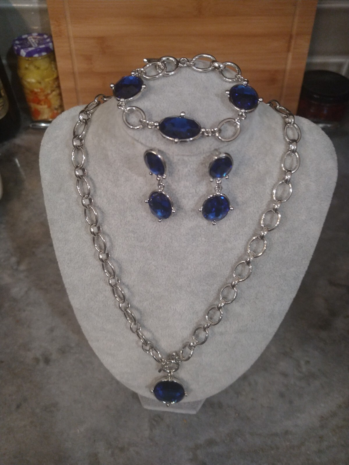 Set of 3 Sim. Blue SapphireLinkedChainNcklce,20.5 ,Brclet,Earrings,Silvrtone