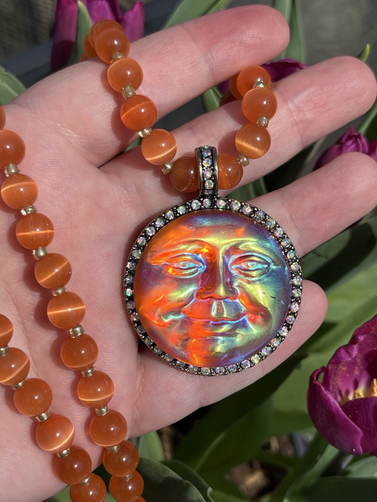 Kirk’s Folly Style Inspired Sea view Moon Face Orange Glow Necklace Rhinestone