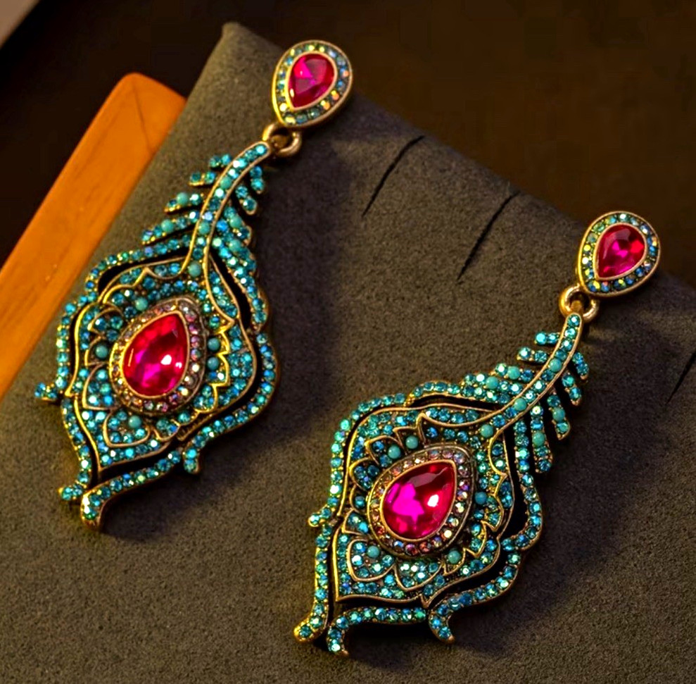 Gold Tone Blue & Pink Simulated Crystal Teardrop Dangle Earrings Butterfly