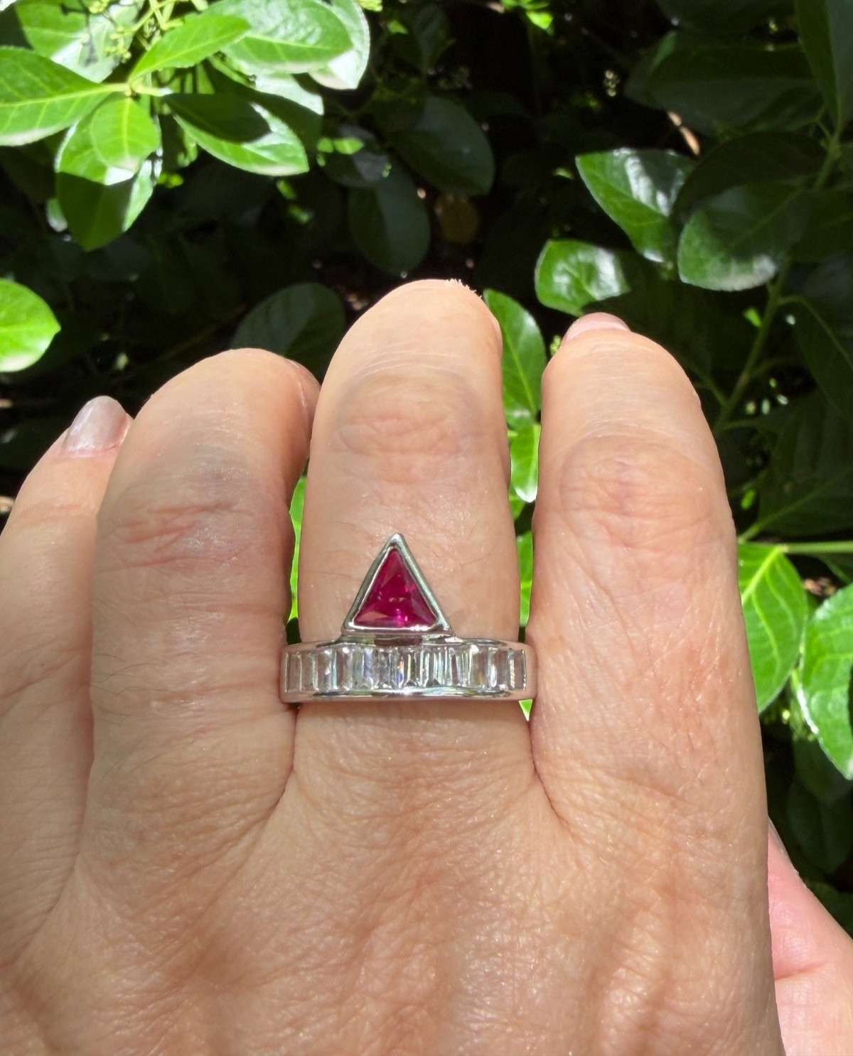 SYNTHETIC RUBY / PINK SAPPHIRE BAGUETTE RHINESTONES GEOMETRIC RING SILVER TONE