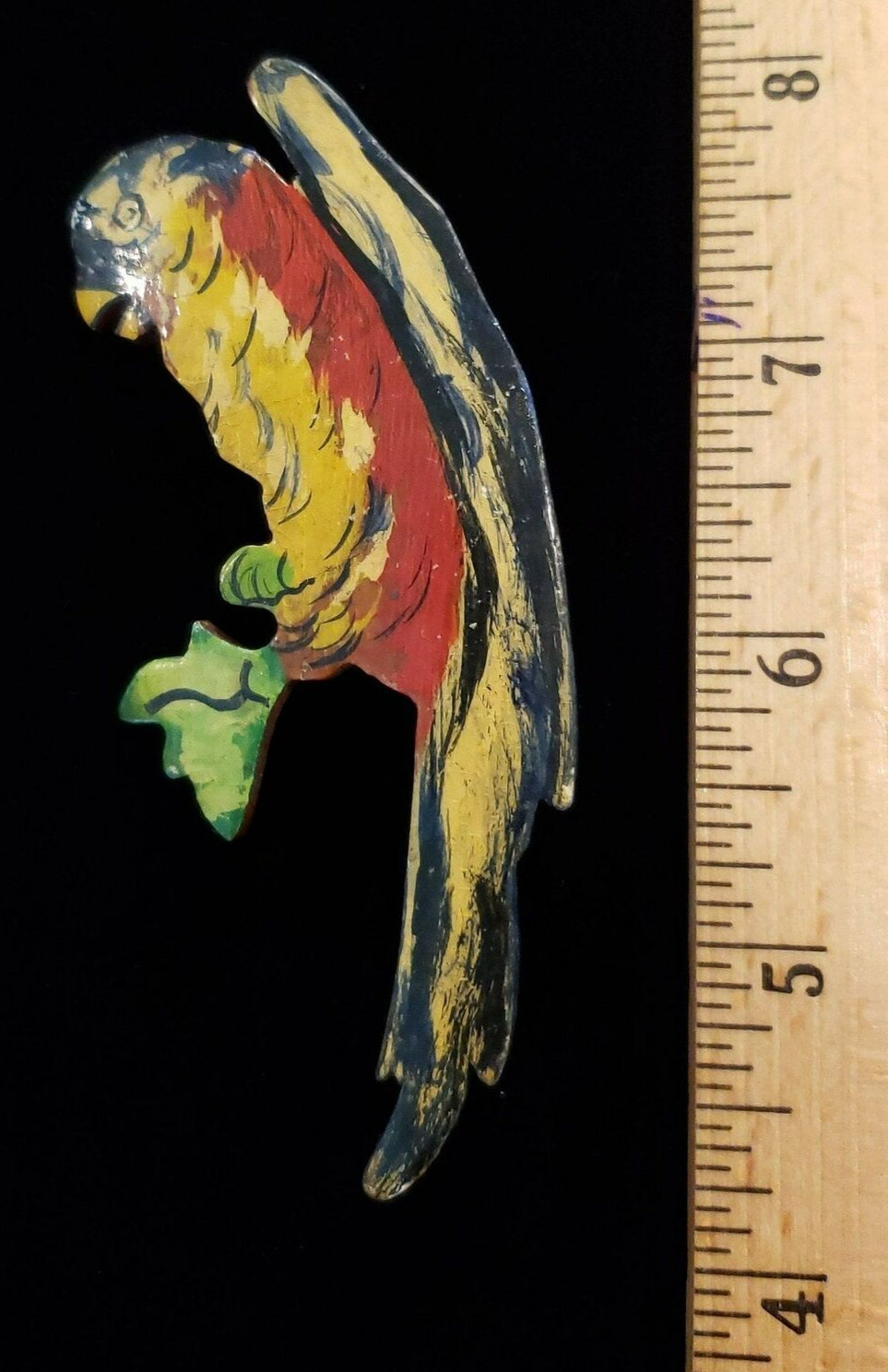 Vintage Unsigned Hand Painted Tropical Parrot Pin/Brooch on Wood Base