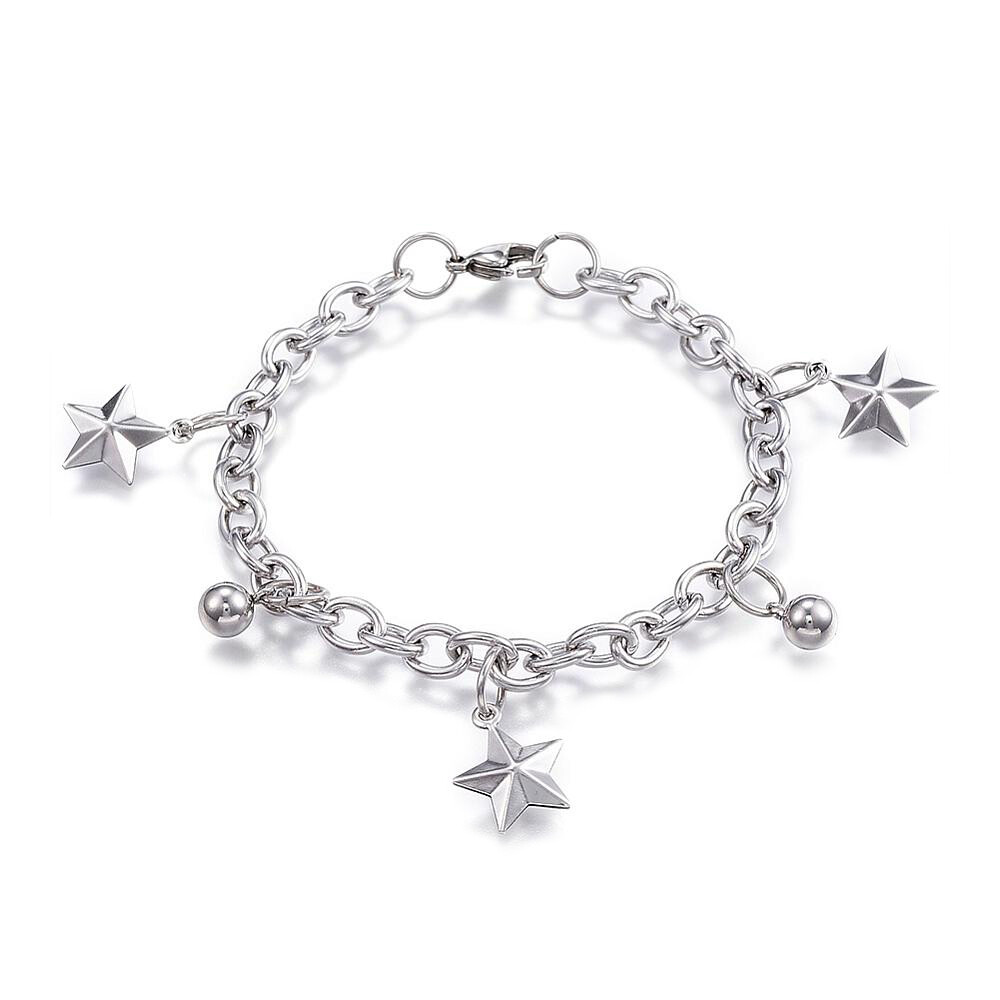 304 Stainless Steel Charm Bracelet Star Silver 7.5″ Inch 6mm Z80