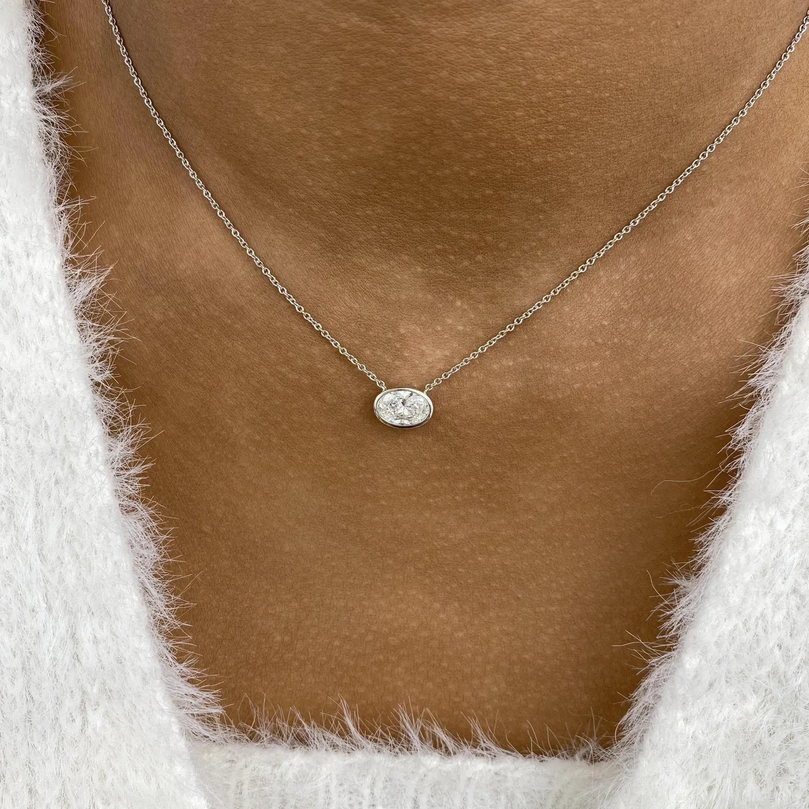 1.00 Ct Oval EF VS Lab Grown Diamond Bezel Solitaire Necklace in 14K White Gold